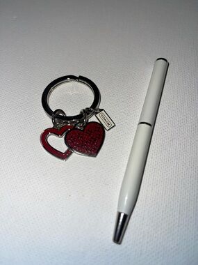 Coach Red Double Heart Key Ring with Logo Tag and Coach Pen
